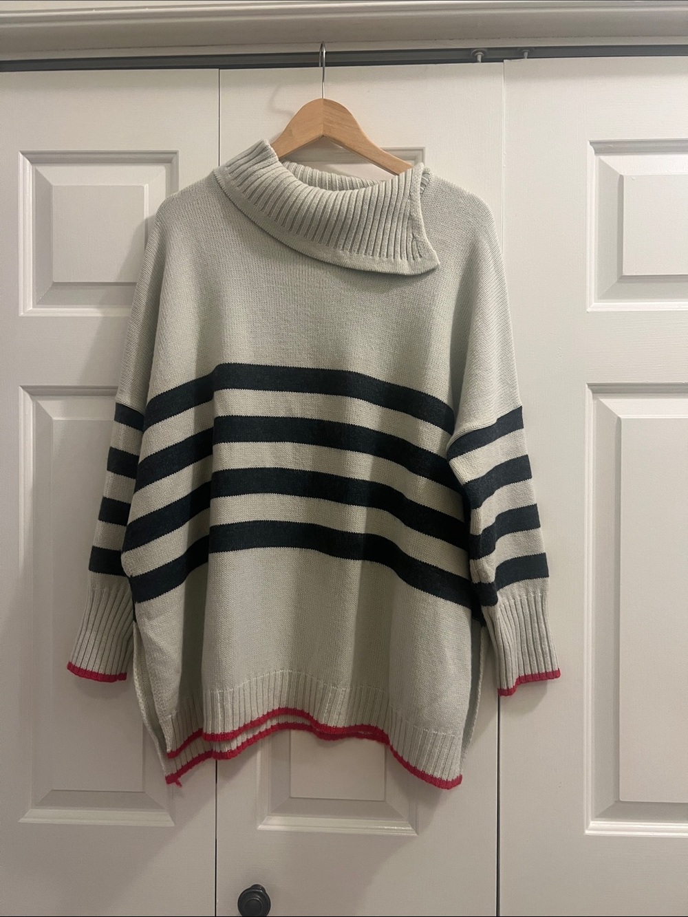 Mersea Cream and Navy Striped Turtleneck Sweater with Red Trim One Size Fits All